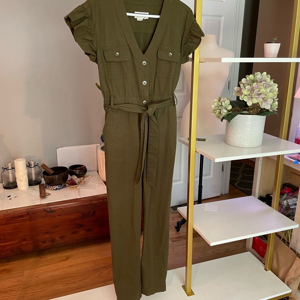 Anthropology XS Utility Olive Green Button-Front Jumpsuit Worn Once